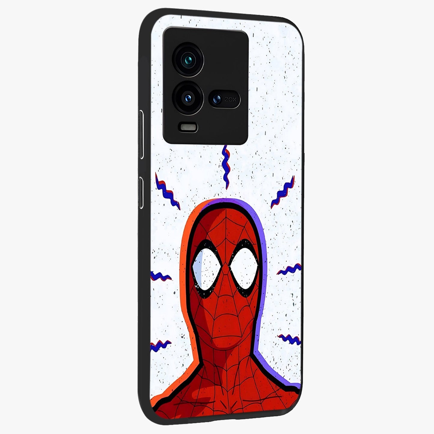 Omg Spiderman Glass Case upright view showcasing energetic superhero artwork with vibrant comic theme.