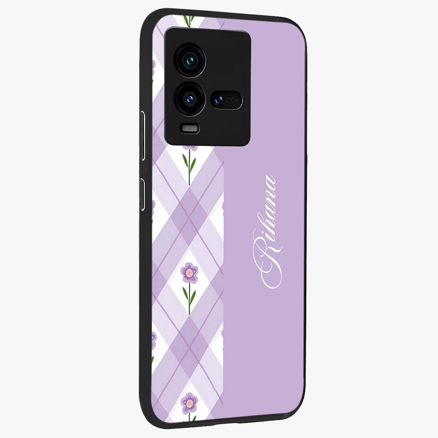 Purple Diamond Floral Glass Case upright view showcasing vibrant floral artwork with stylish geometric theme.
