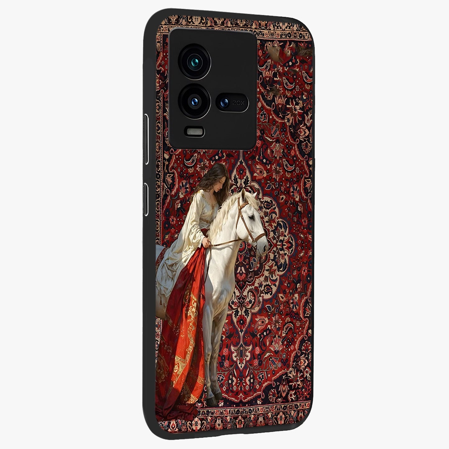 Royal Rider Tapestry Glass Case upright view showcasing detailed rider artwork with classic tapestry theme.