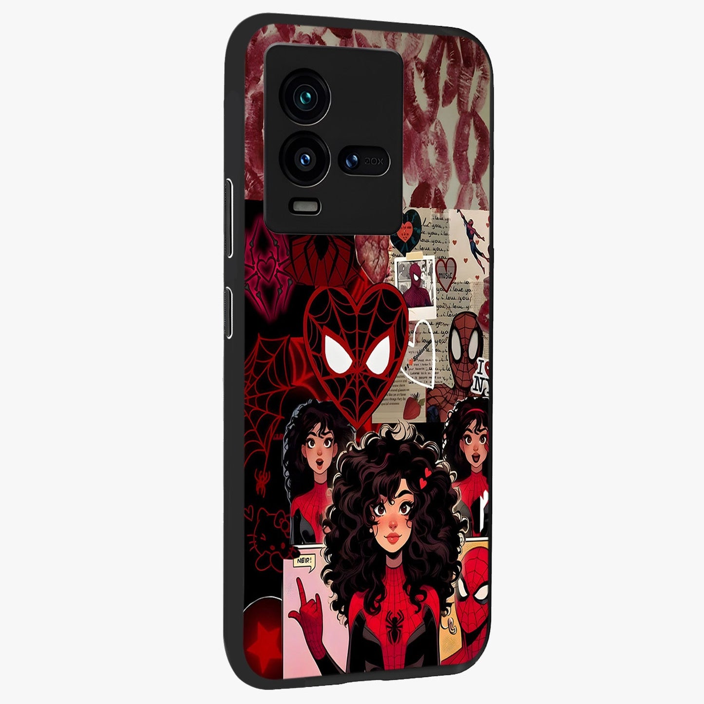 Spider Love Story Glass Case upright view showcasing charming superhero artwork with romantic comic theme.