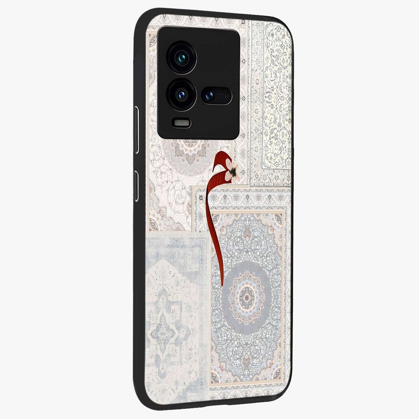 White Aesthetic Bow Glass Case upright view showcasing delicate ribbon bow artwork with cute minimalist theme.