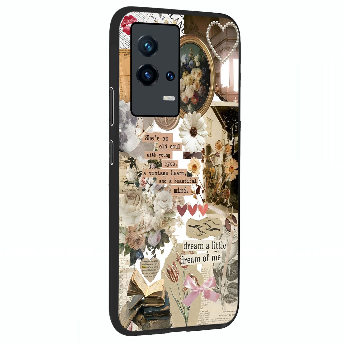 Aesthetic Brown Vintage Collage Glass Case upright view showcasing nostalgic retro artwork with stylish vintage theme.