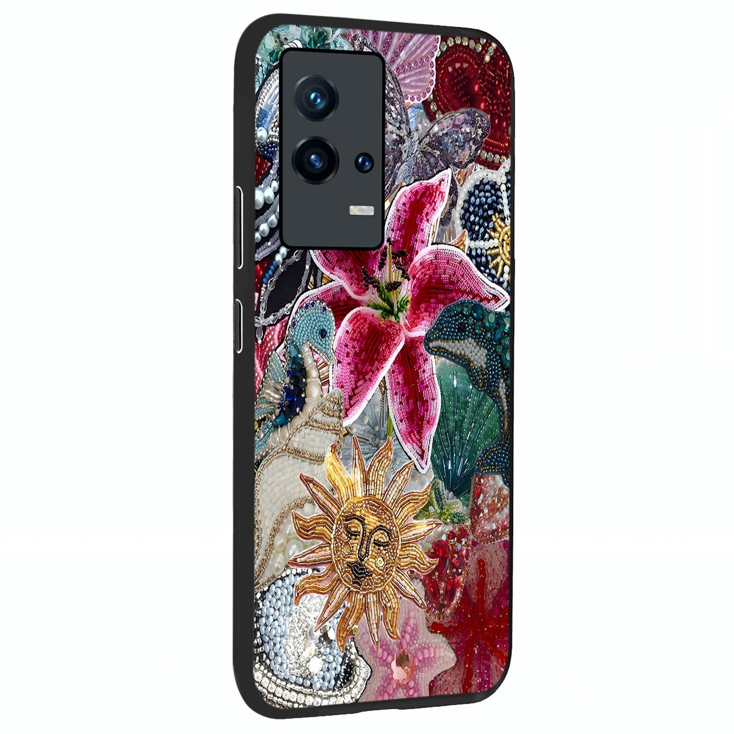 Beaded Garden Fantasy Glass Case upright view showcasing whimsical garden aesthetic with artistic bead details.