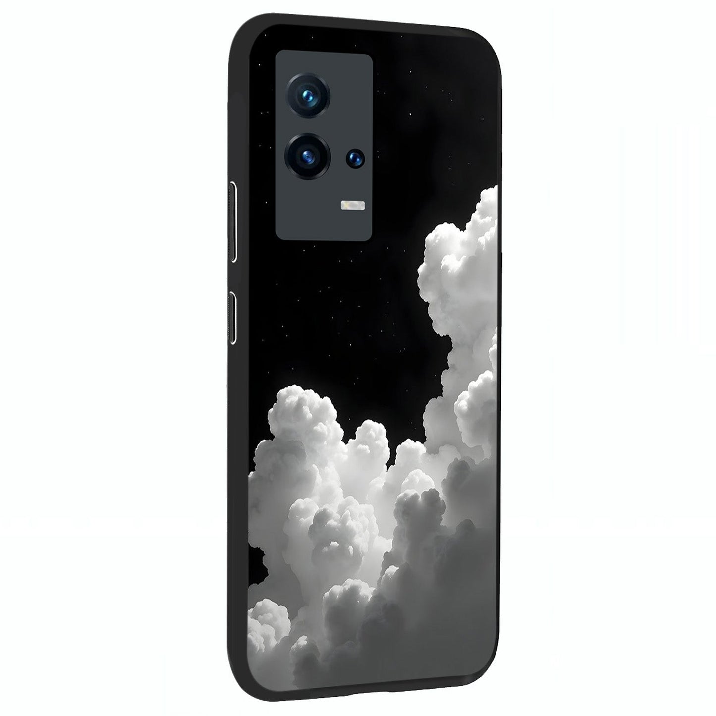 Black Background With White Cloud Glass Case upright view showcasing calm cloud aesthetic with modern minimal style.