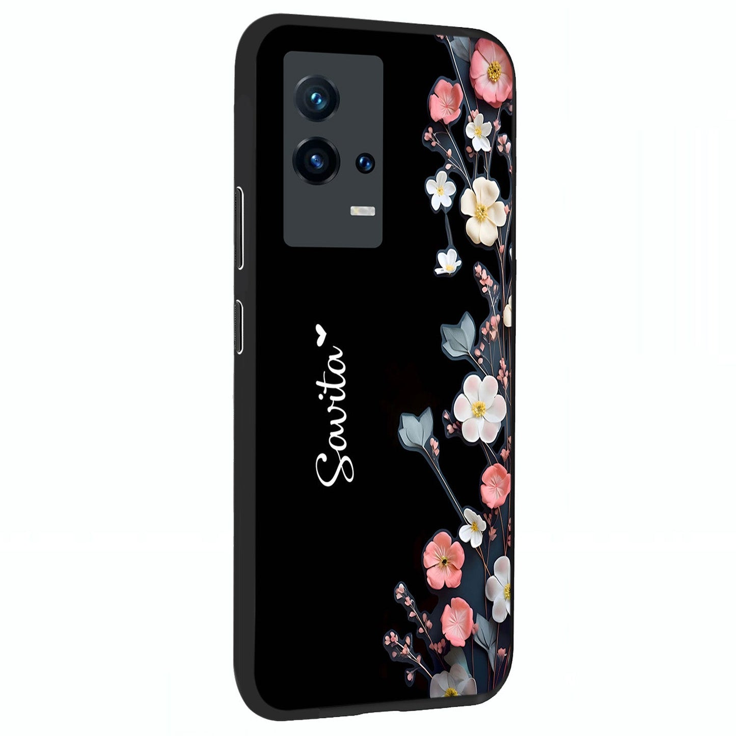 Black Elegance Floral Custom Name Glass Case upright view showcasing luxurious black floral design with personalized name detail.