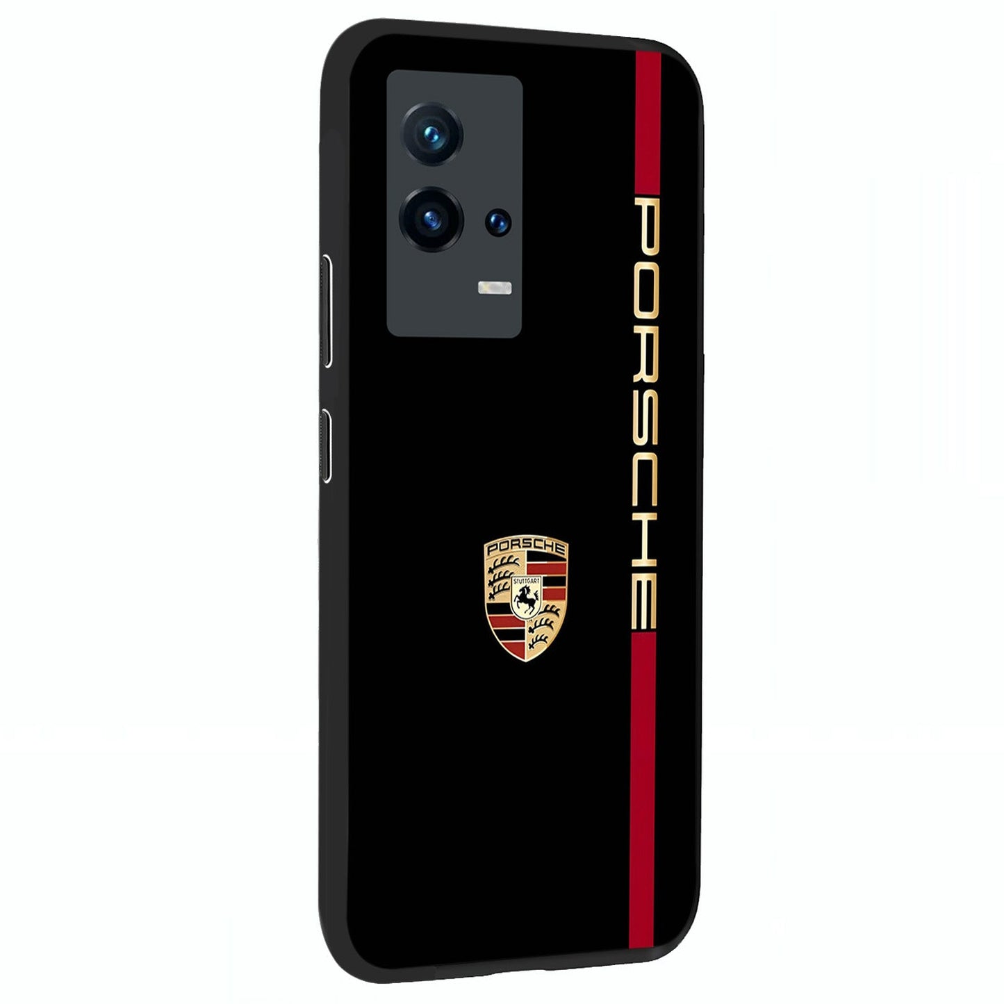Black Minimal Porsche Glass Case upright view showcasing stylish automotive artwork with bold minimal theme.