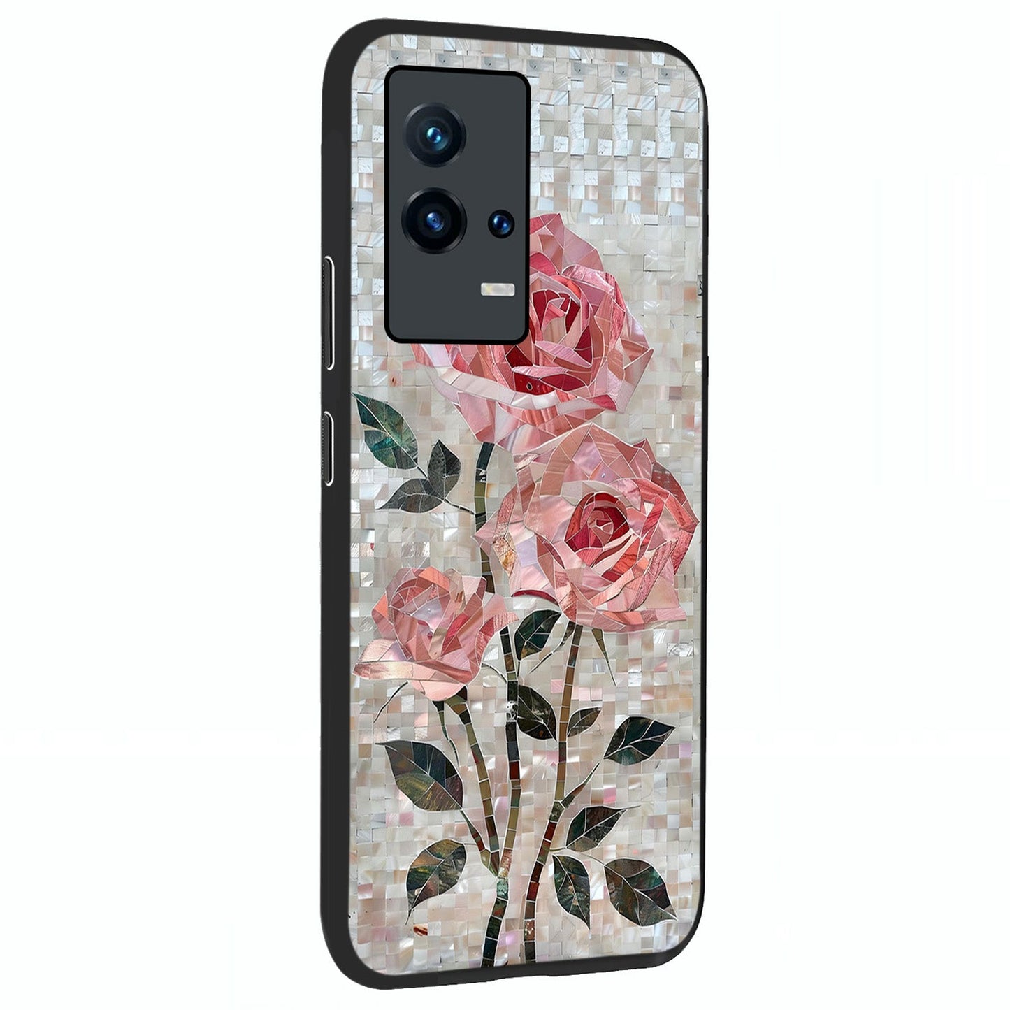 Blush Mosaic Bloom Glass Case upright view showcasing decorative floral mosaic artwork with stylish modern aesthetic.
