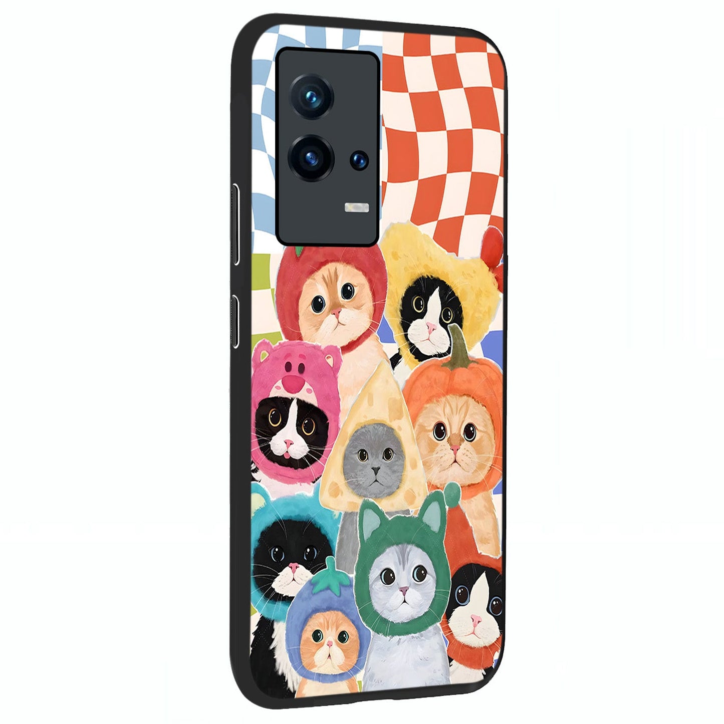 Cats in Fruits Glass Case upright view showcasing charming cat artwork with fun fruity theme.