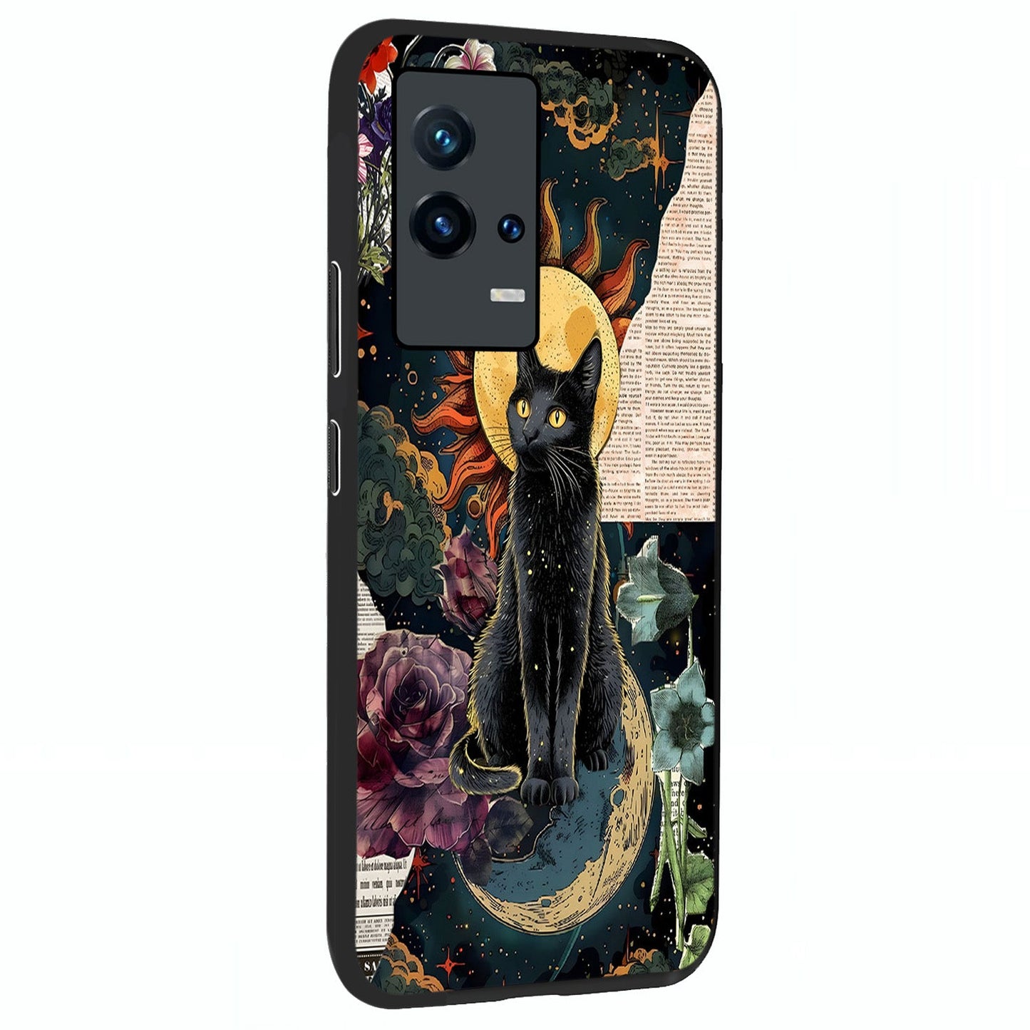 Celestial Black Cat Glass Case upright view showcasing magical black cat illustration with starry cosmic theme.