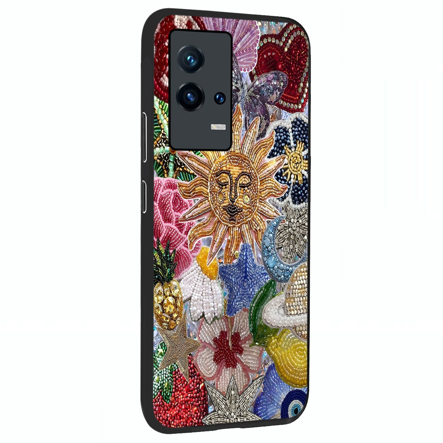 Celestial Floral and Playful Glass Case upright view showcasing whimsical floral artwork with cosmic aesthetic theme.