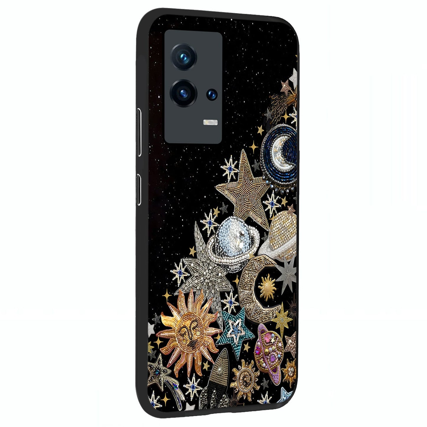Cosmic Sparkle Dreams Glass Case upright view showcasing glowing cosmic artwork with magical galaxy theme.