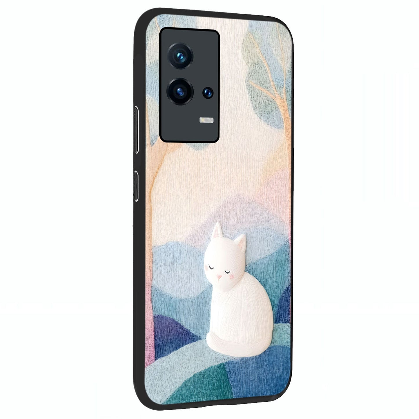Cotton Dream Cat Glass Case upright view showcasing charming cat artwork with cozy dreamy theme.