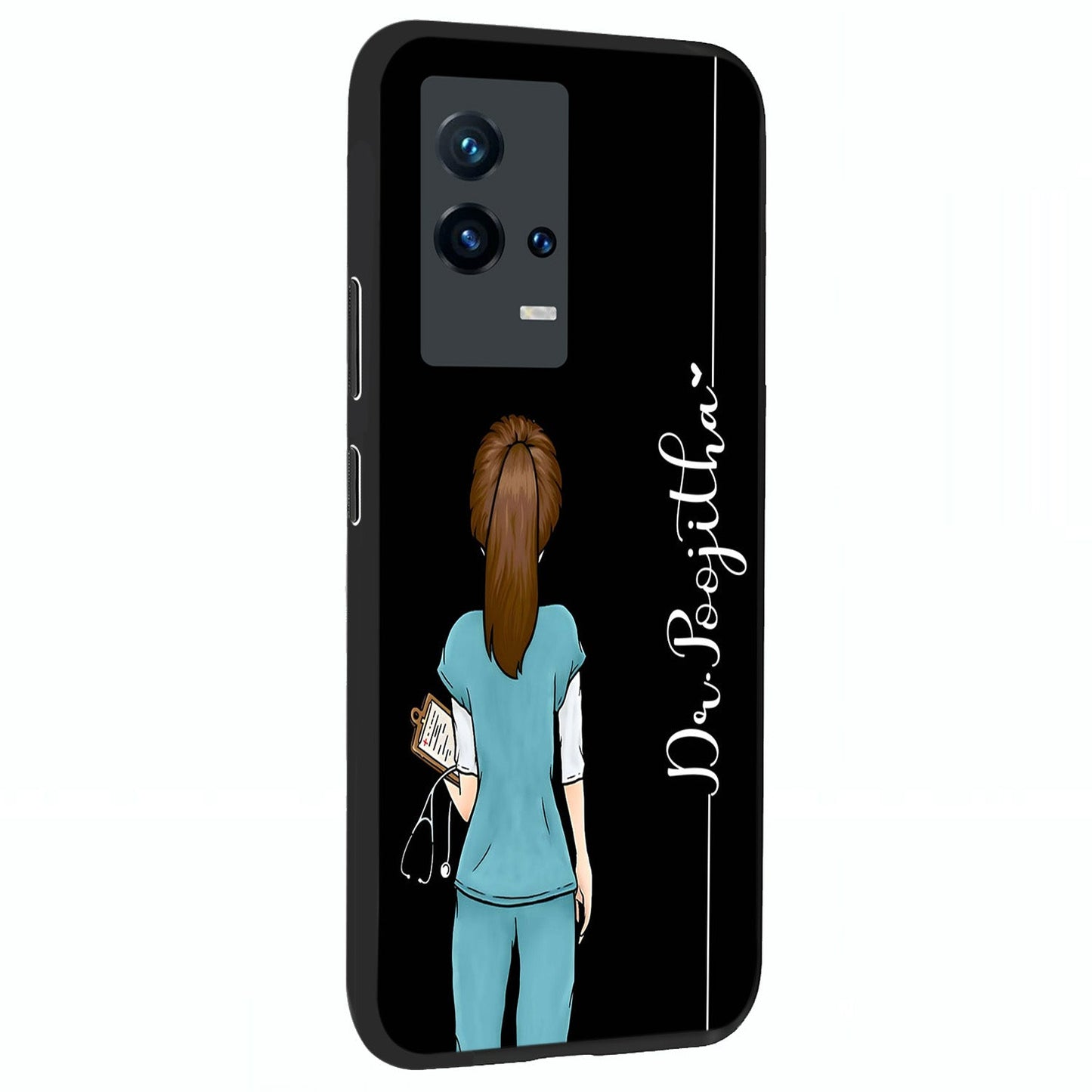 Doctor Pattern Custom Name Glass Case upright view showcasing healthcare themed design with personalized aesthetic.