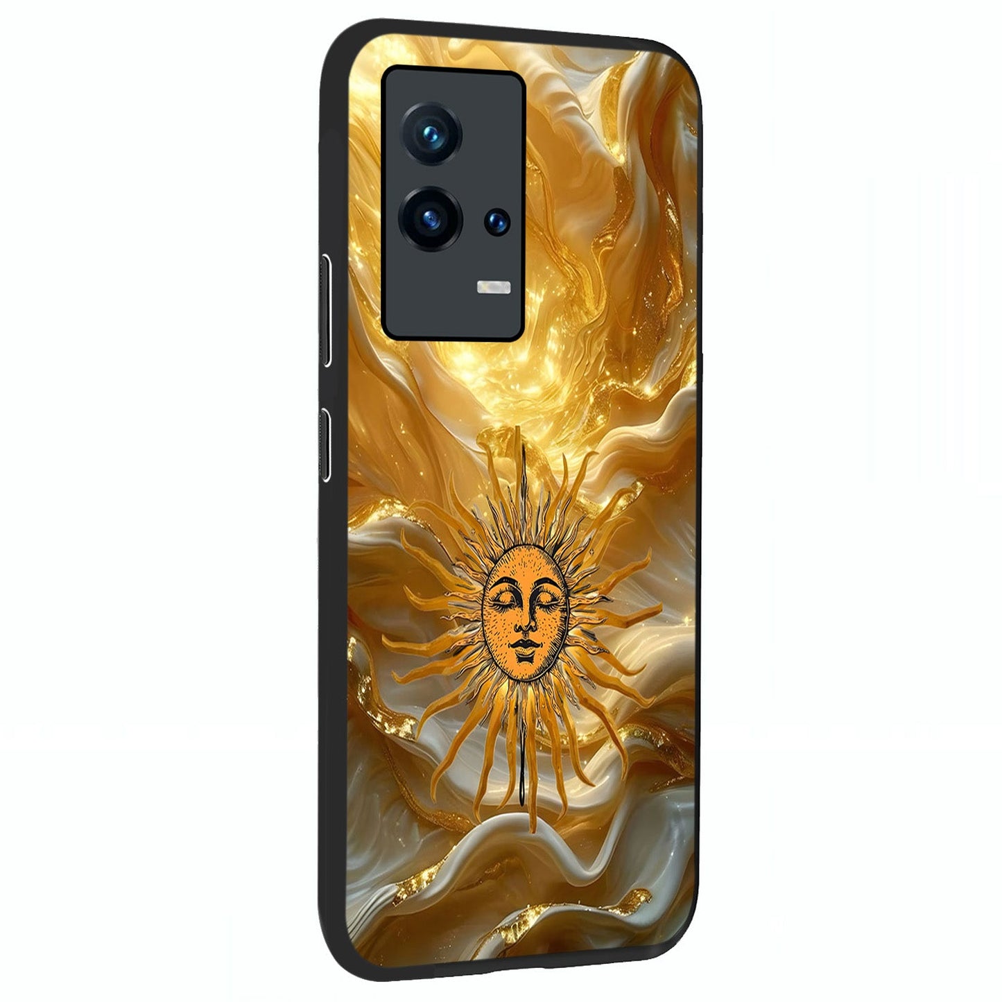 Eternal Golden Glow Glass Case upright view showcasing luminous golden artwork with luxurious visual theme.