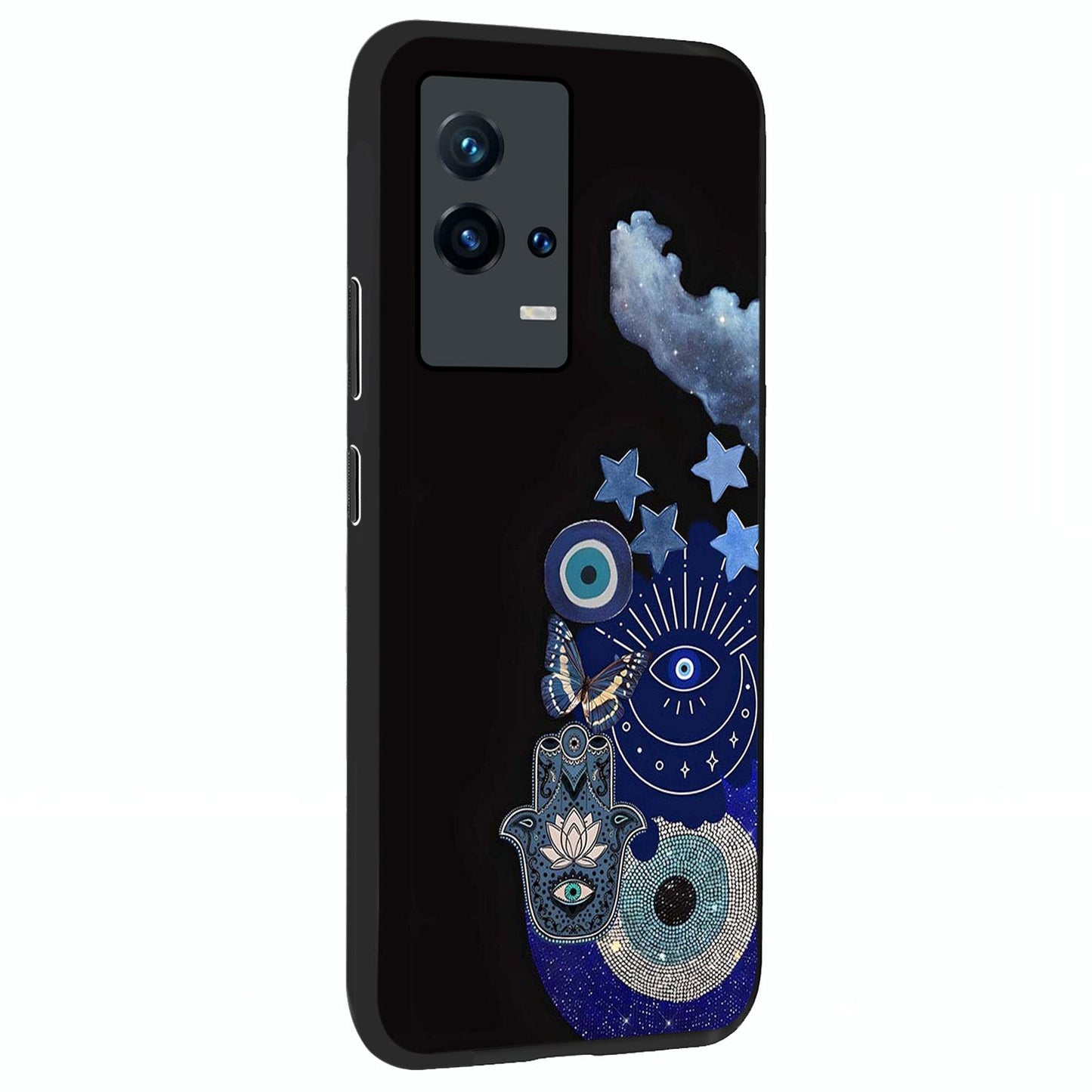 Galactic Charm Cluster Glass Case upright view showcasing glowing cosmic charm artwork with magical celestial style.