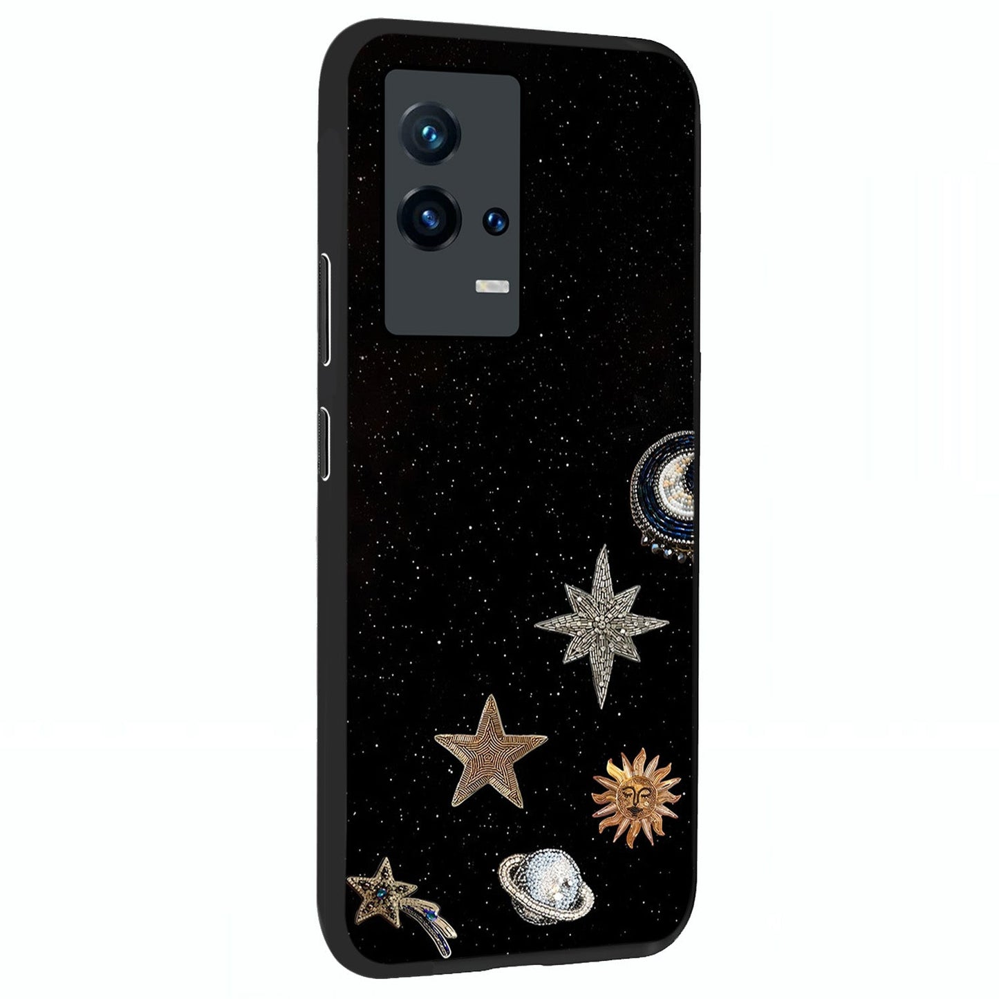 Galactic Charm Glow Glass Case upright view showcasing glowing cosmic charm artwork with magical celestial style.
