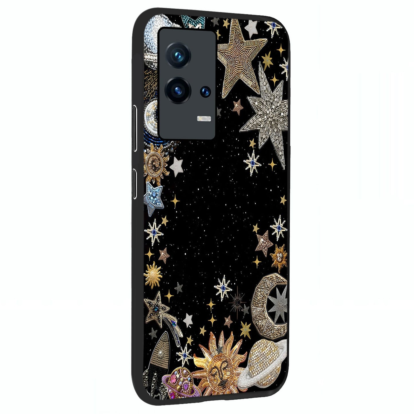 Galactic Jewel Stars Glass Case upright view showcasing glittering star jewel artwork with vibrant galaxy theme.