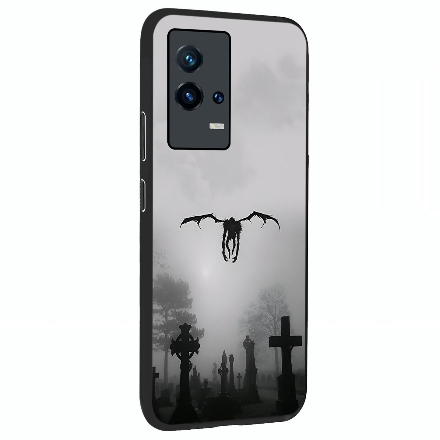 Graveyard Shadow Descent Glass Case upright view showcasing haunting graveyard artwork with dramatic dark theme.