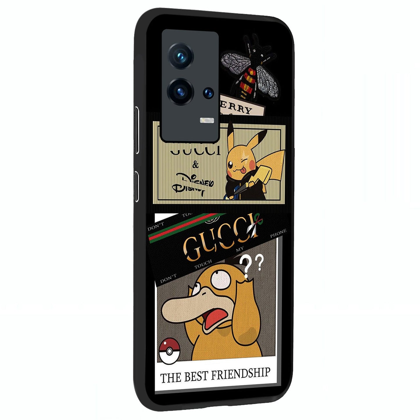 Gucci Play Mashup Glass Case upright view showcasing trendy luxury inspired artwork with modern fashion theme.