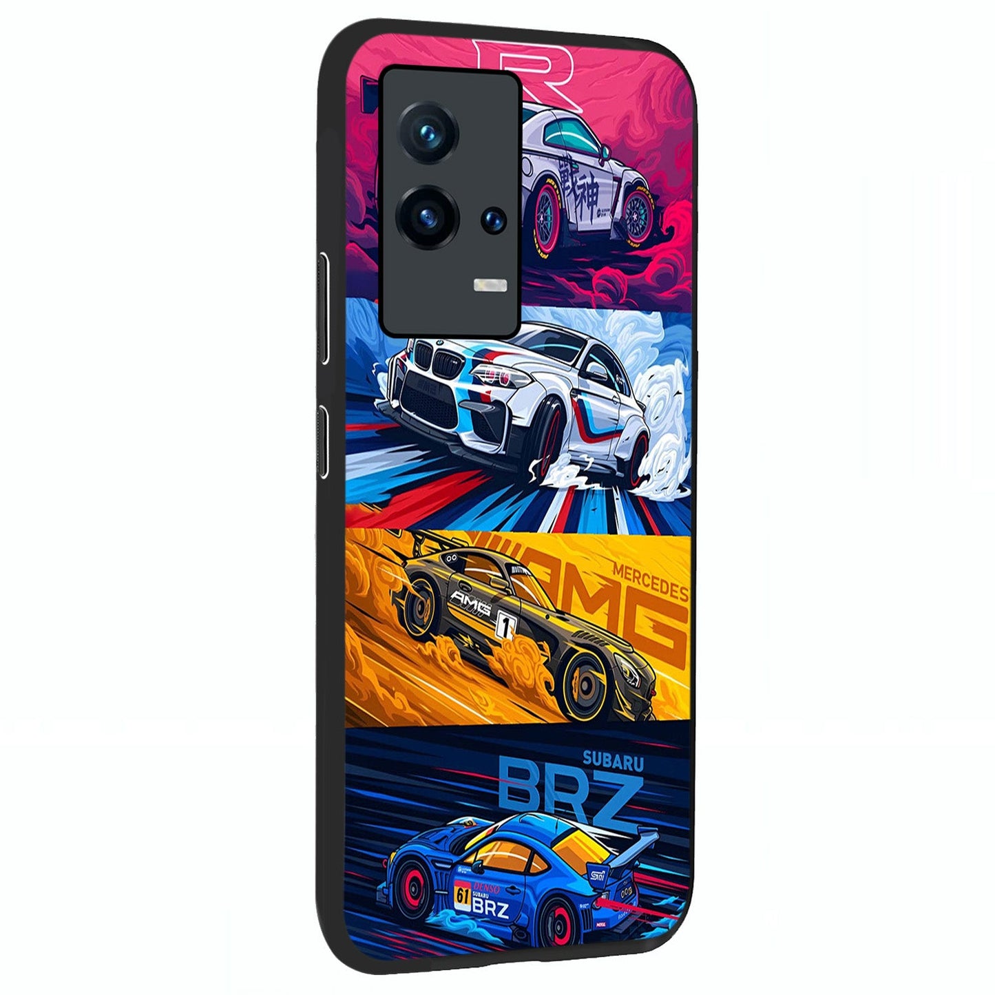 JDM Sports Car Glass Case upright view showcasing dynamic sports car artwork with bold racing theme.