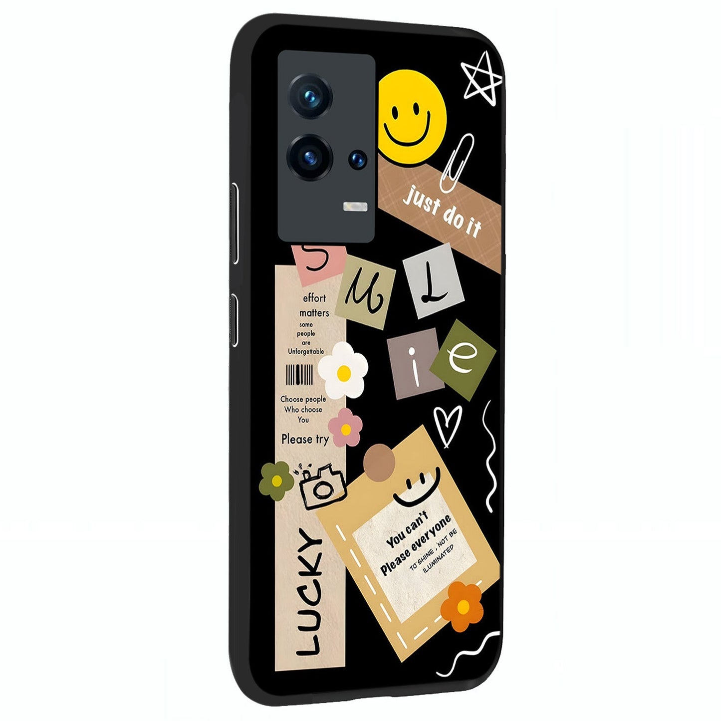 Lucky Aesthetic Collage Glass Case upright view showcasing vibrant collage artwork with youthful aesthetic theme.