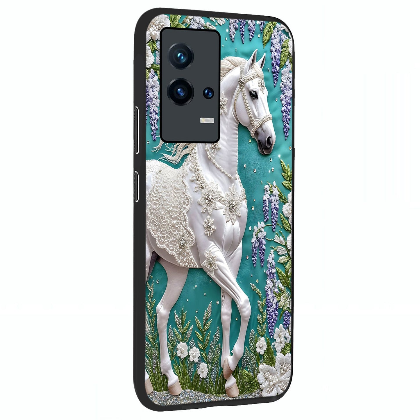 Majestic Floral Stallion Glass Case upright view showcasing dramatic horse artwork with decorative floral theme.