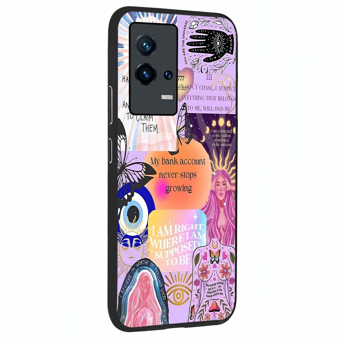 Manifestation Collage Glass Case upright view showcasing artistic manifestation themed artwork with creative style.