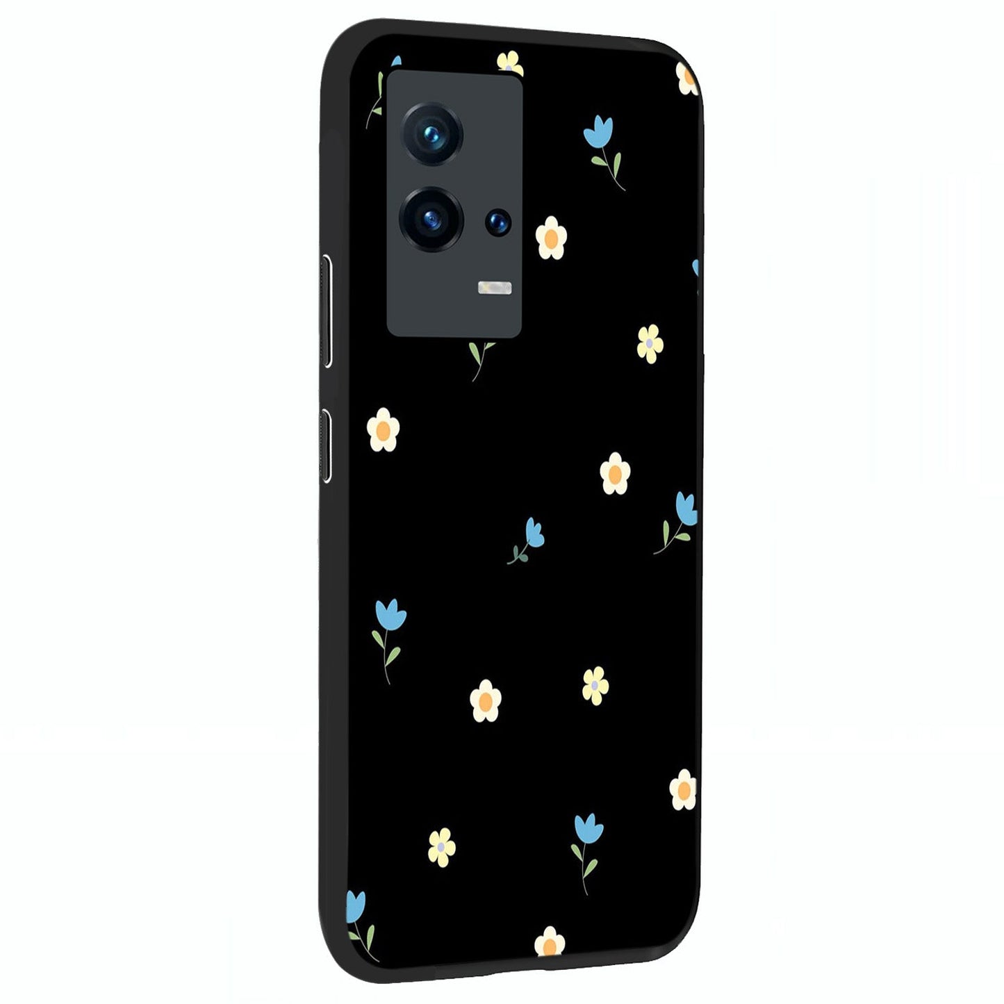 Minimal Petal Whispers Glass Case upright view showcasing elegant floral artwork with modern minimalist style.