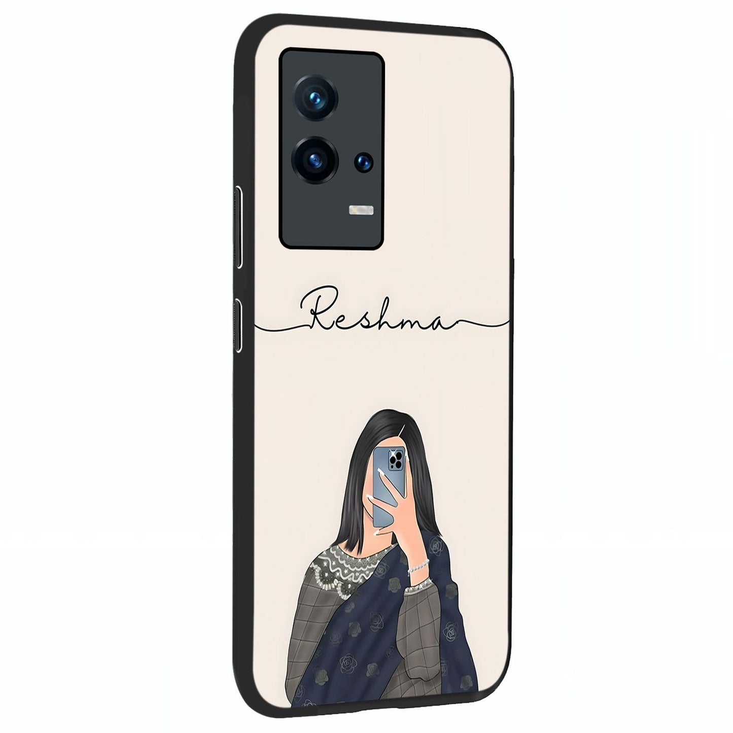 Mirror Mood Muse With Custom Name Glass Case upright view showcasing artistic mirror themed artwork with personalized aesthetic.