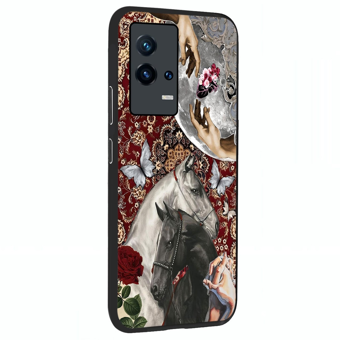Moonlit Royal Stallion Glass Case upright view showcasing dramatic horse artwork with glowing moon themed design.