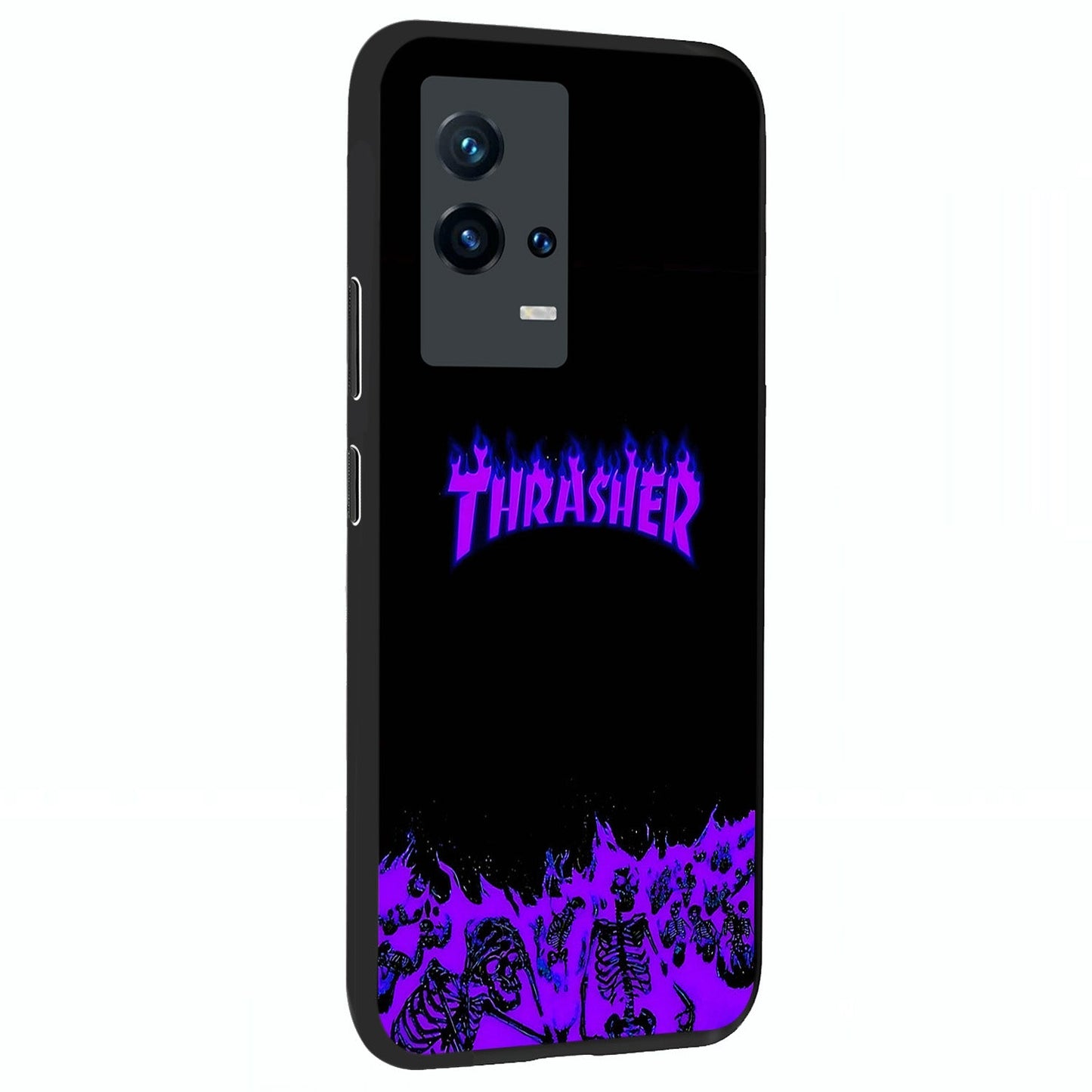 Neon Flame Riot Glass Case upright view showcasing dynamic flame artwork with energetic neon theme.