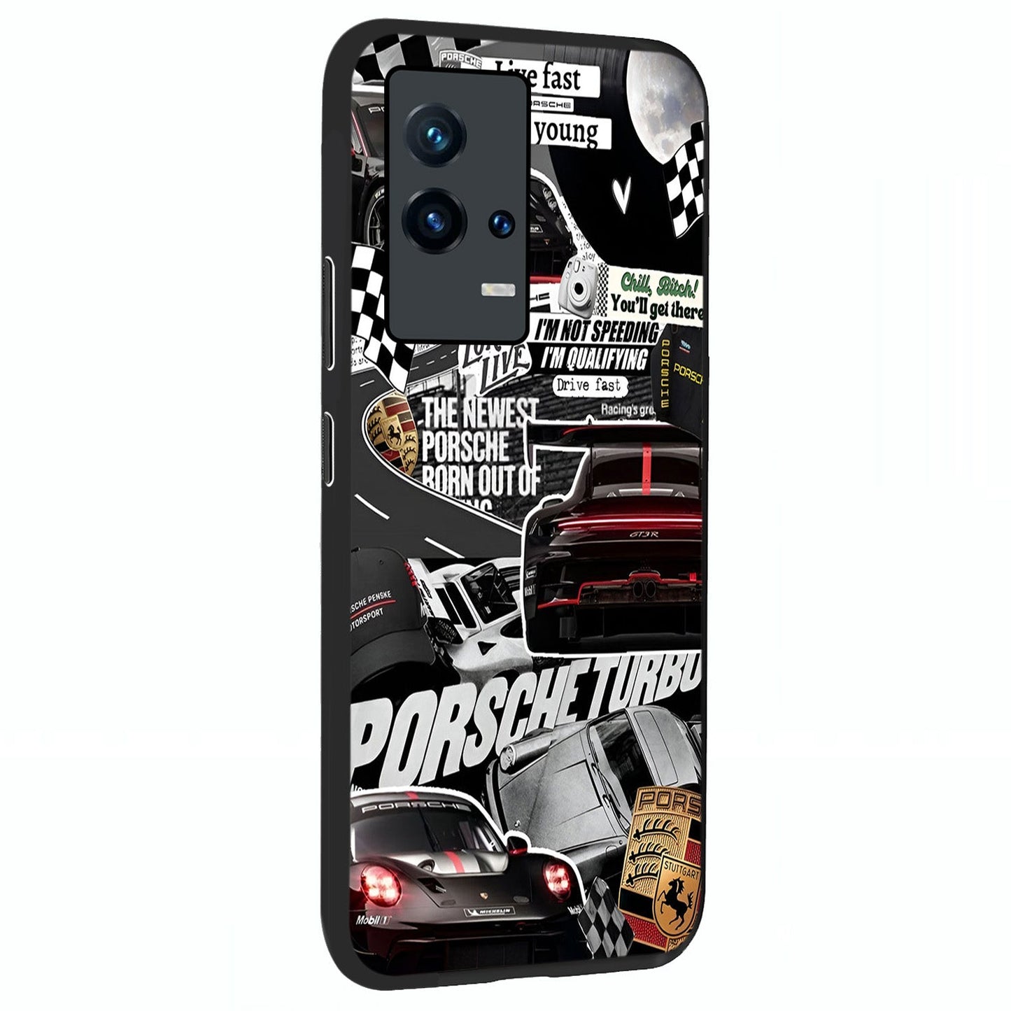 Porsche Racing Collage Glass Case upright view showcasing energetic car collage artwork with high speed racing theme.