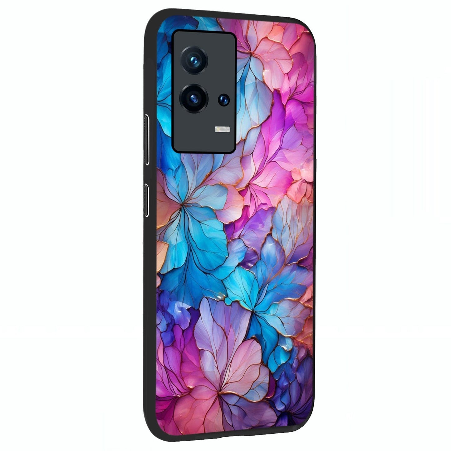 Radiant Floral Whirl Glass Case upright view showcasing lively floral artwork with decorative swirl theme.