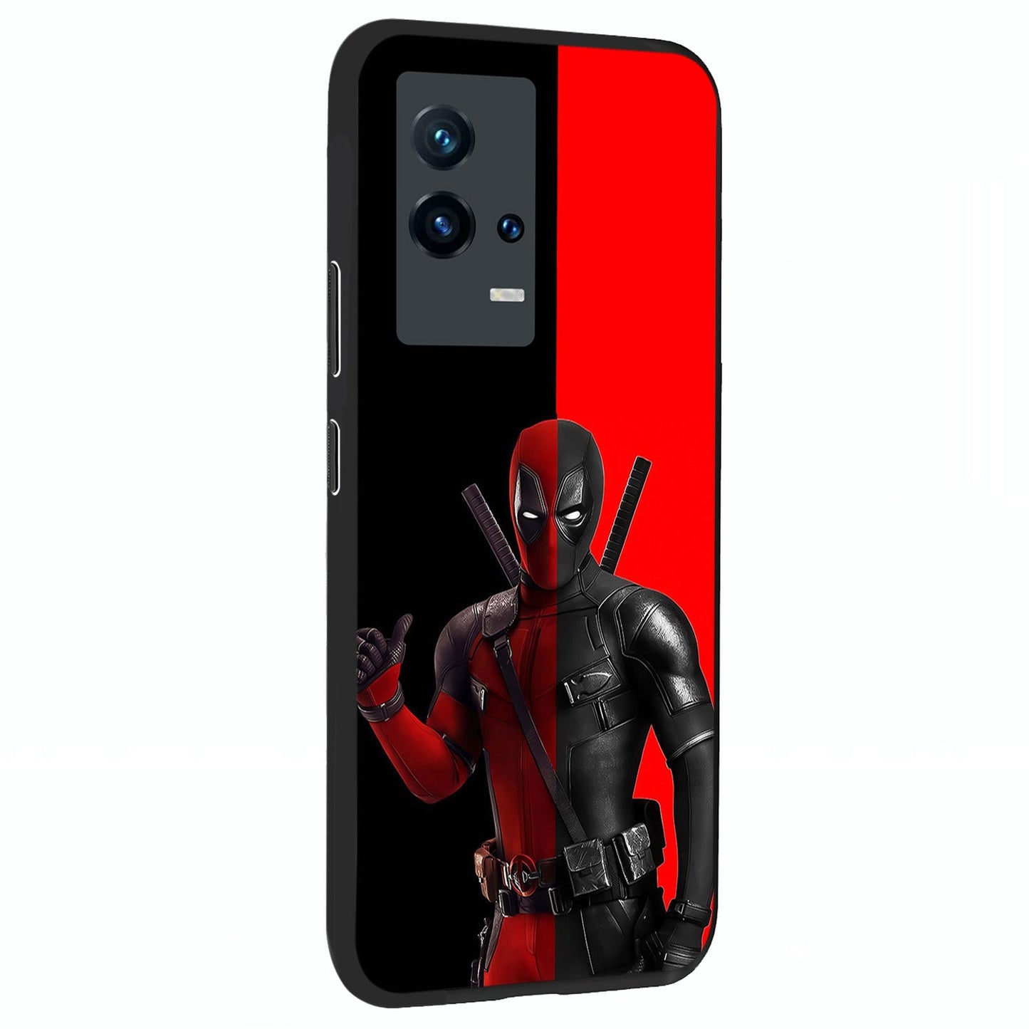 Red & Black Deadpool Theme Glass Case upright view showcasing energetic comic themed artwork with striking red and black design.