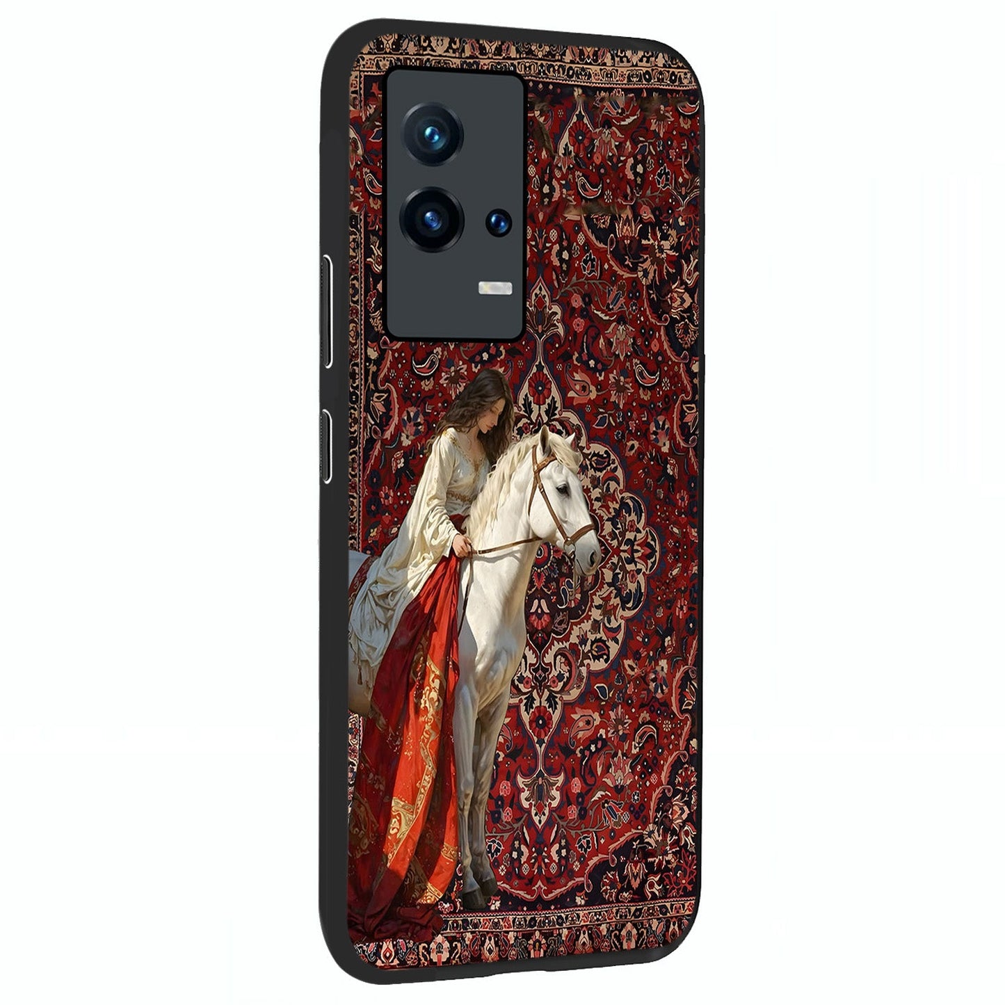 Royal Rider Tapestry Glass Case upright view showcasing detailed rider artwork with classic tapestry theme.