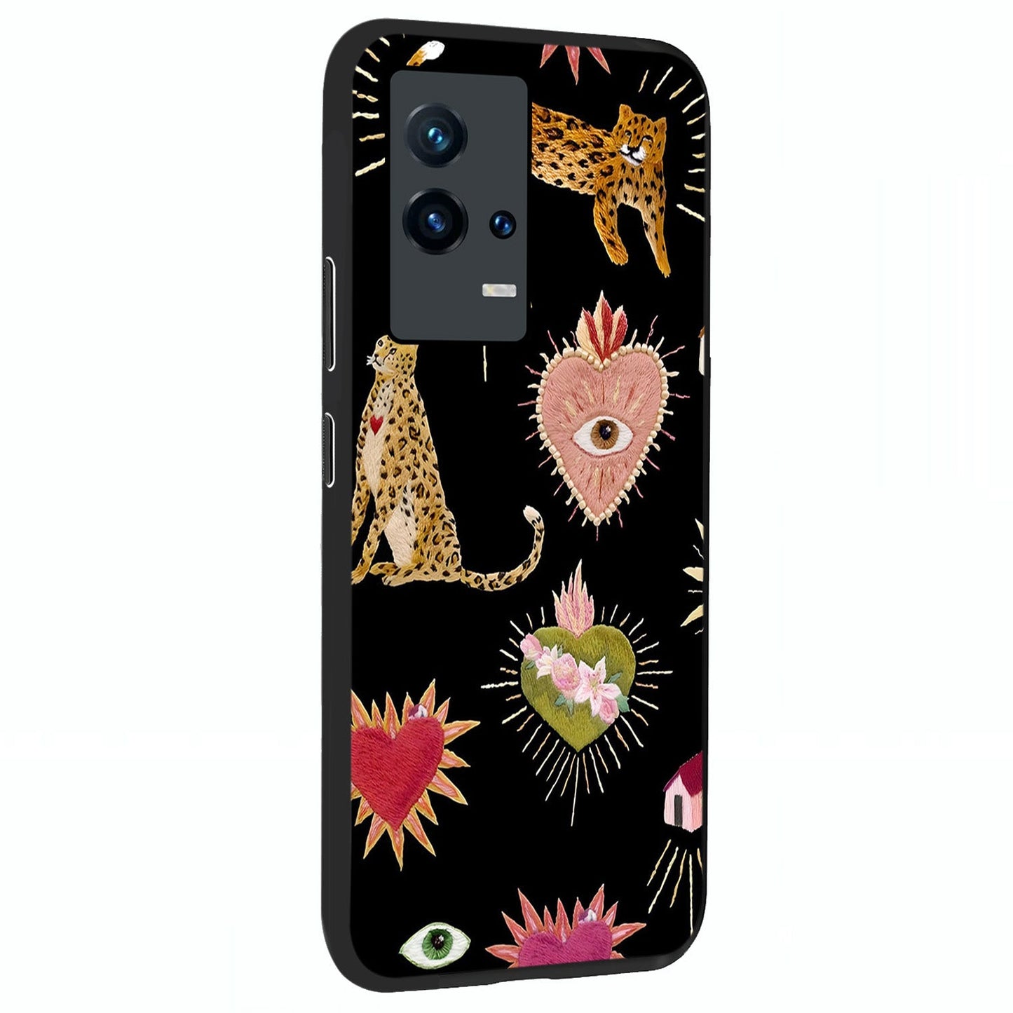 Sacred Jungle Heart Glass Case upright view showcasing vibrant jungle artwork with symbolic heart theme.