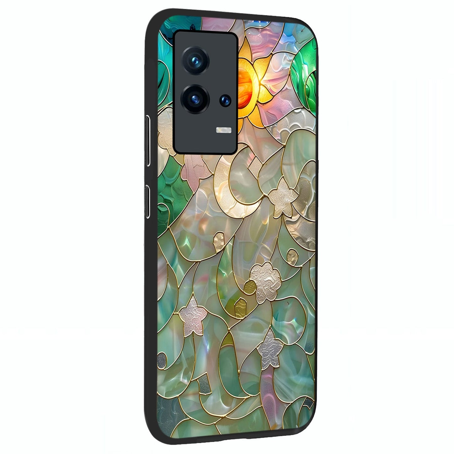 Stained Sunrise Glow Glass Case upright view showcasing colorful sunrise artwork with warm morning theme.