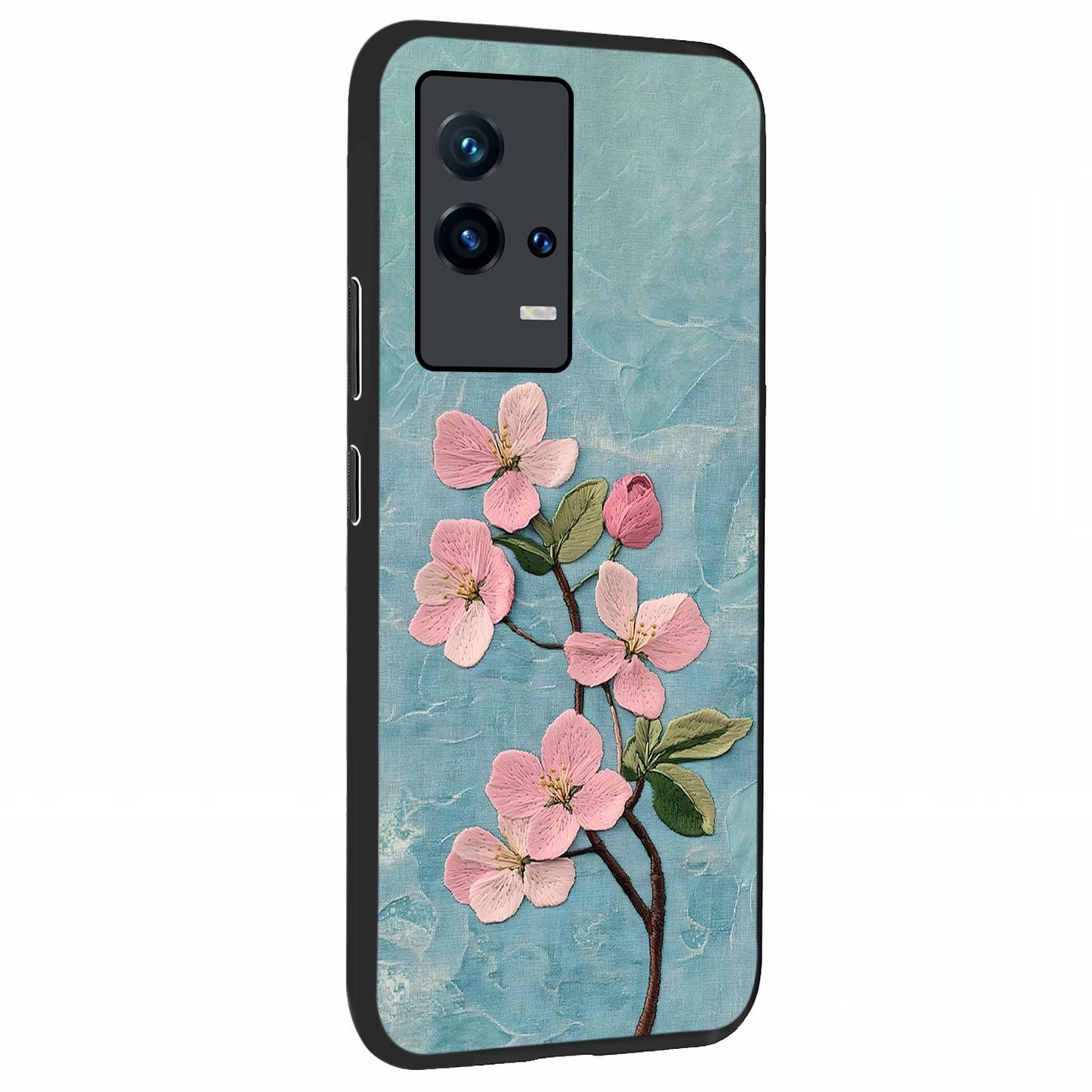 Threaded Blossom Breeze Glass Case upright view showcasing graceful flower artwork with calm botanical theme.