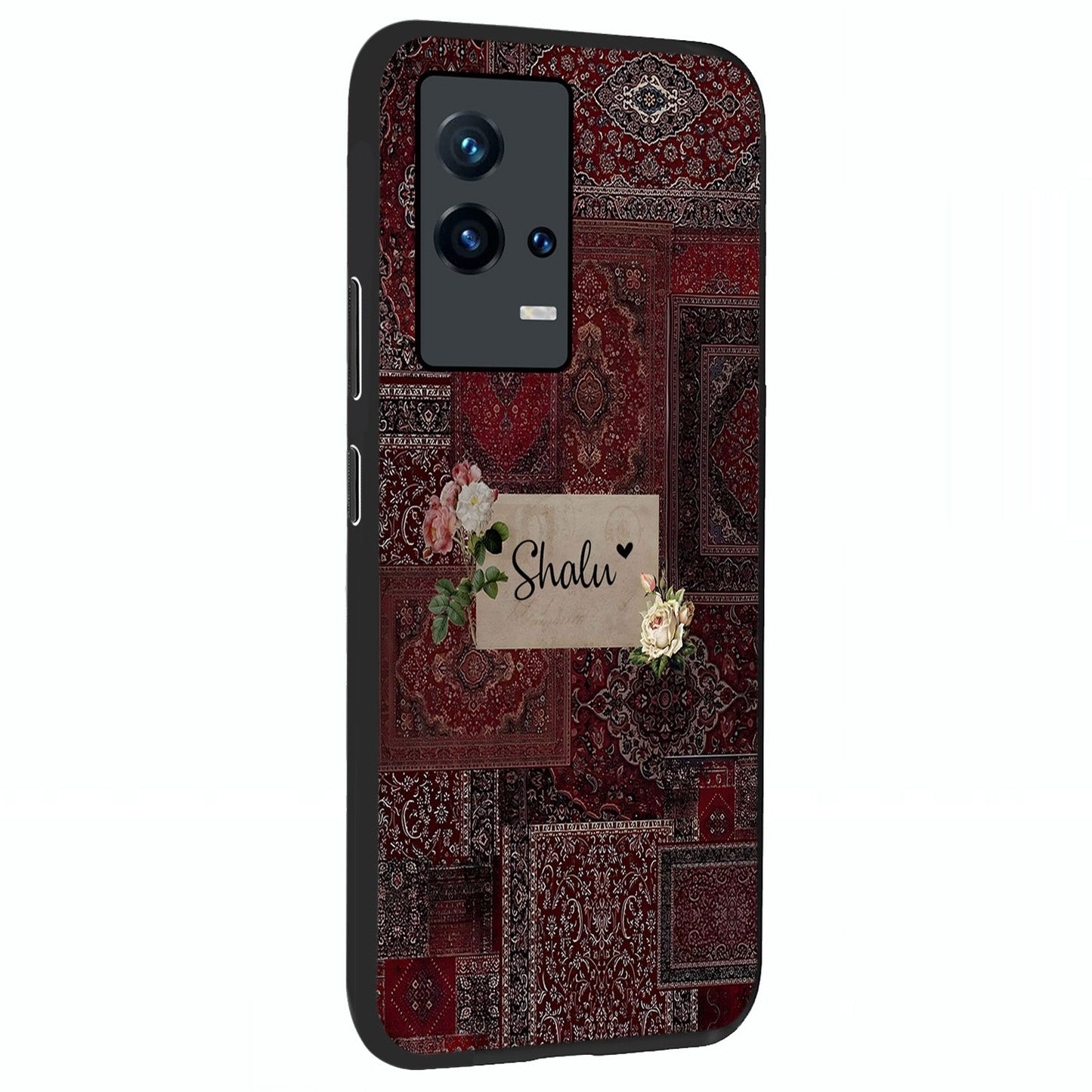 Velvet Wine Pattern Custom Name Glass Case upright view showcasing luxurious wine toned artwork with personalized aesthetic.
