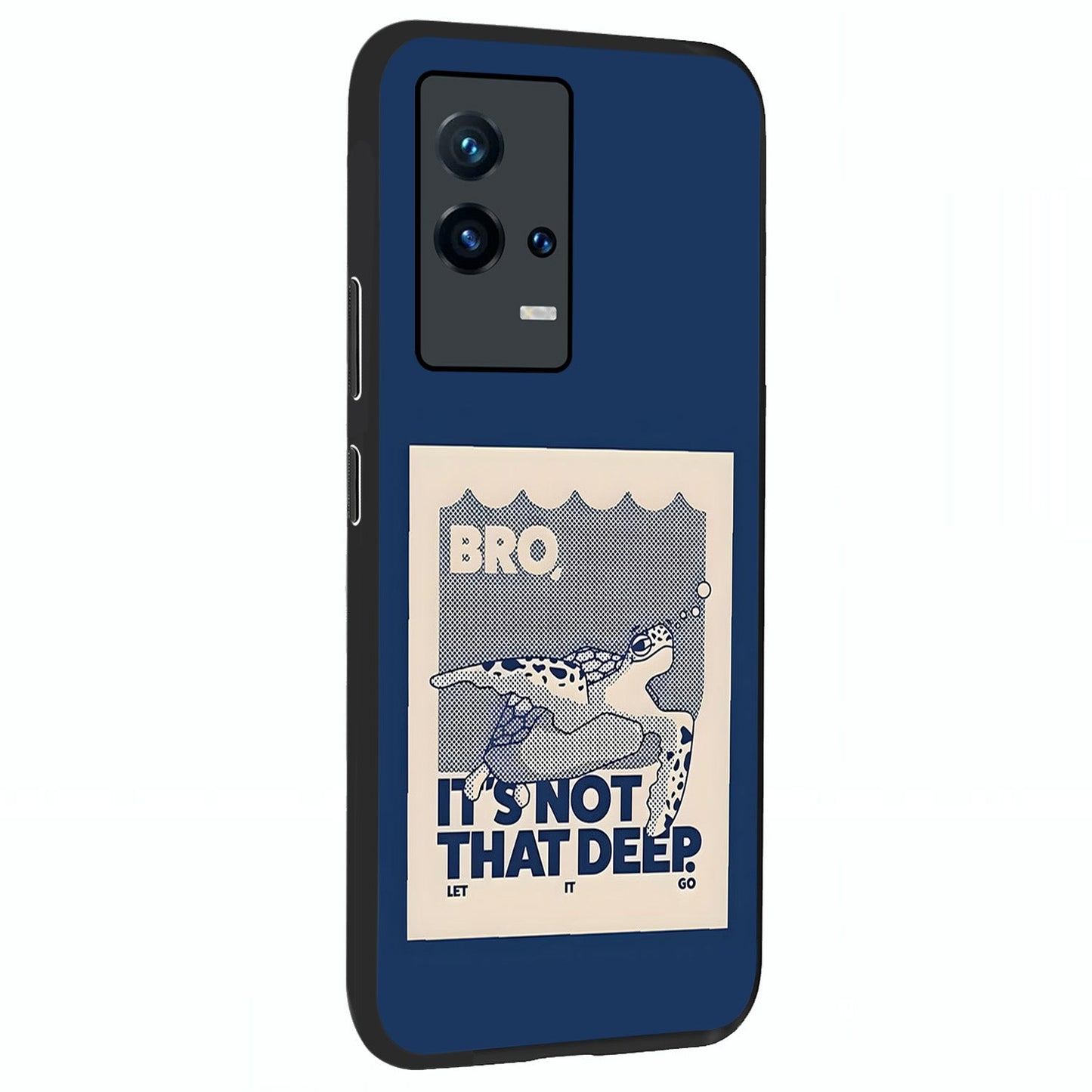 Worry Less Swim Glass Case upright view showcasing cheerful artistic artwork with carefree inspirational theme.