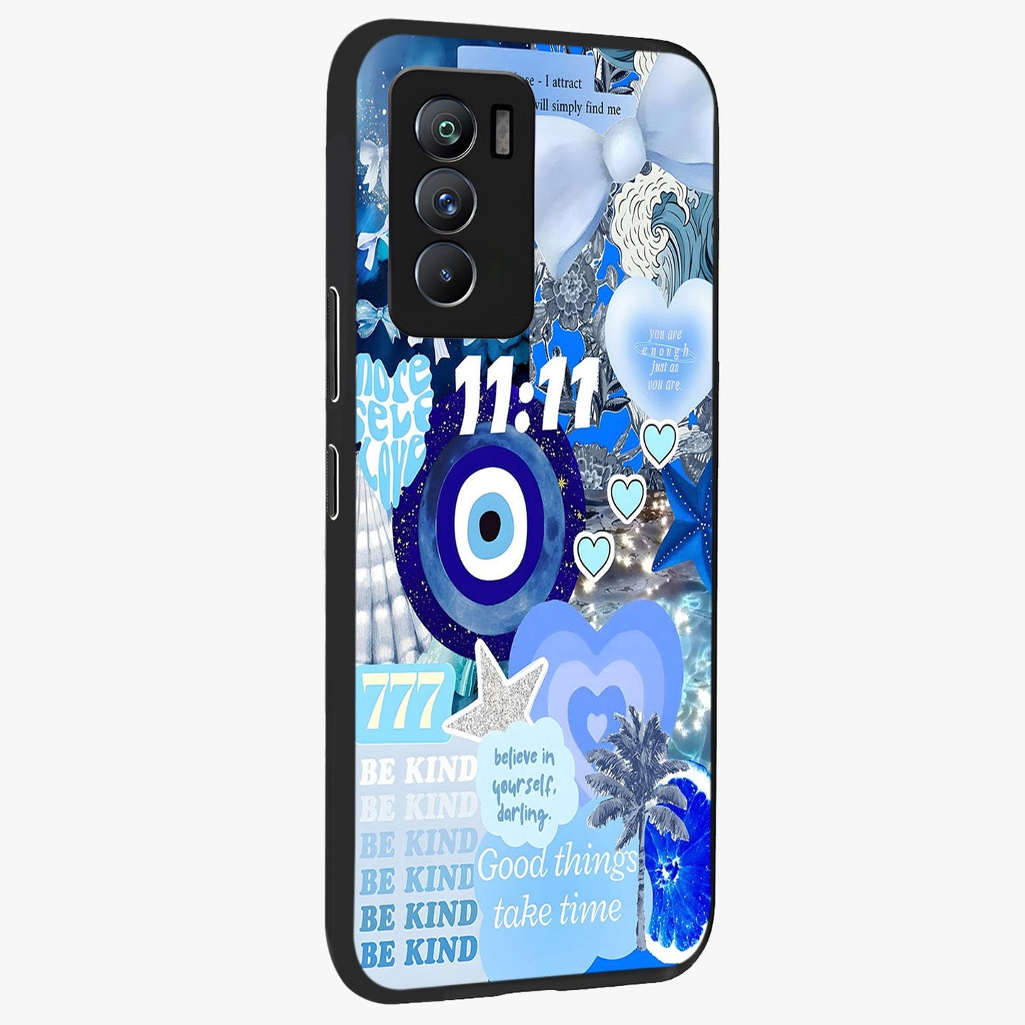 Aesthetic Be Kind Eye Glass Case upright view showcasing stylish eye illustration with positive message theme.