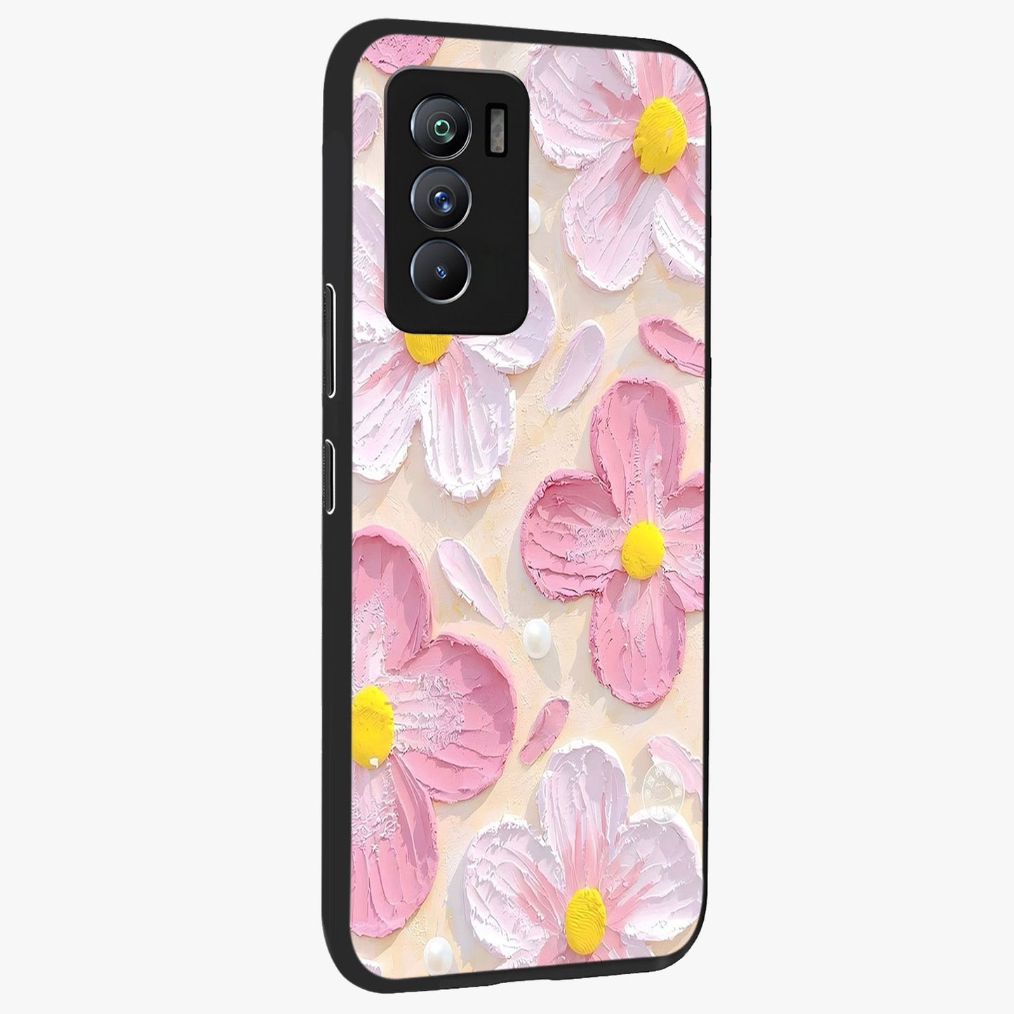 Blush Bloom Texture Glass Case upright view showcasing delicate blush floral texture with modern minimal style.
