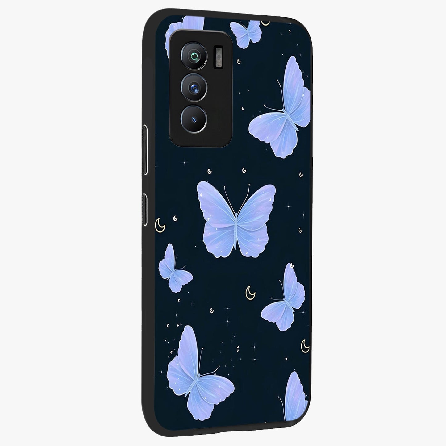 Butterfly With Stars Pattern Glass Case upright view showcasing celestial butterfly artwork with sparkling star elements.