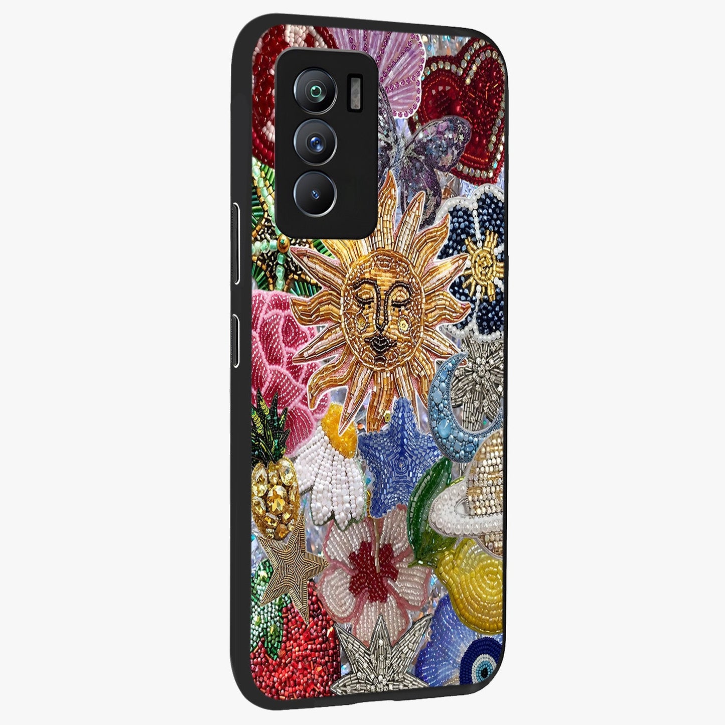 Celestial Floral and Playful Glass Case upright view showcasing whimsical floral artwork with cosmic aesthetic theme.