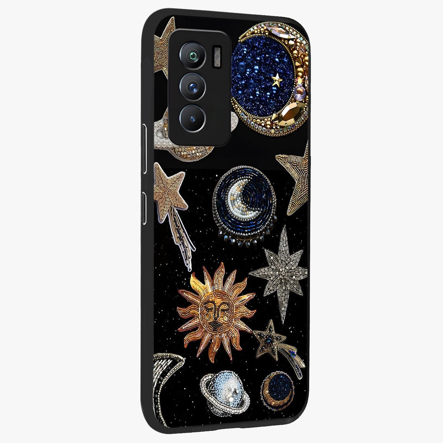 Celestial Gem Constellations Glass Case upright view showcasing cosmic constellation artwork with celestial aesthetic style.