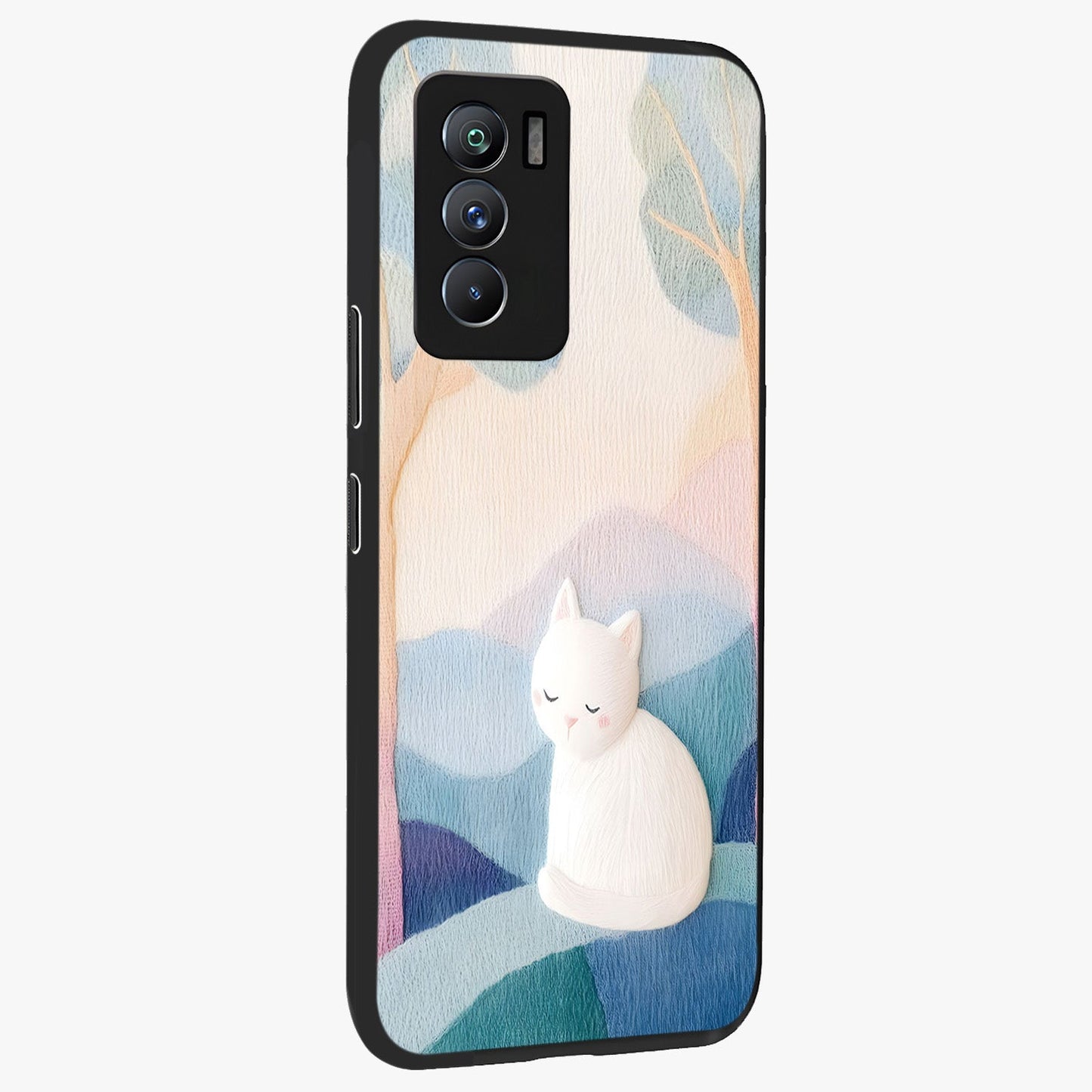 Cotton Dream Cat Glass Case upright view showcasing charming cat artwork with cozy dreamy theme.