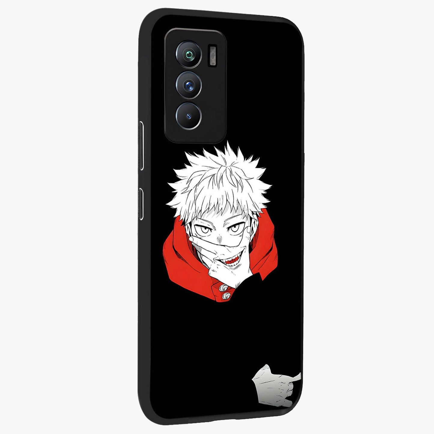 Crimson Chaos Smile Glass Case upright view showcasing expressive chaotic artwork with striking visual theme.