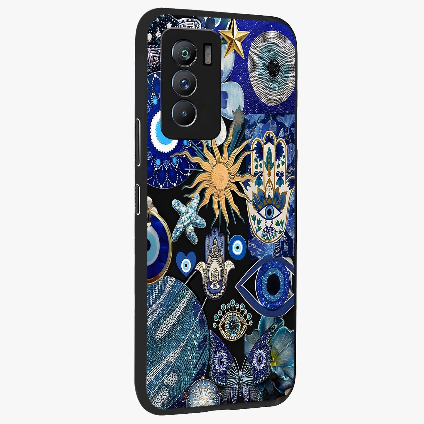 Evil Eye Charm Mix Glass Case upright view showcasing mystical evil eye pattern with vibrant decorative style.