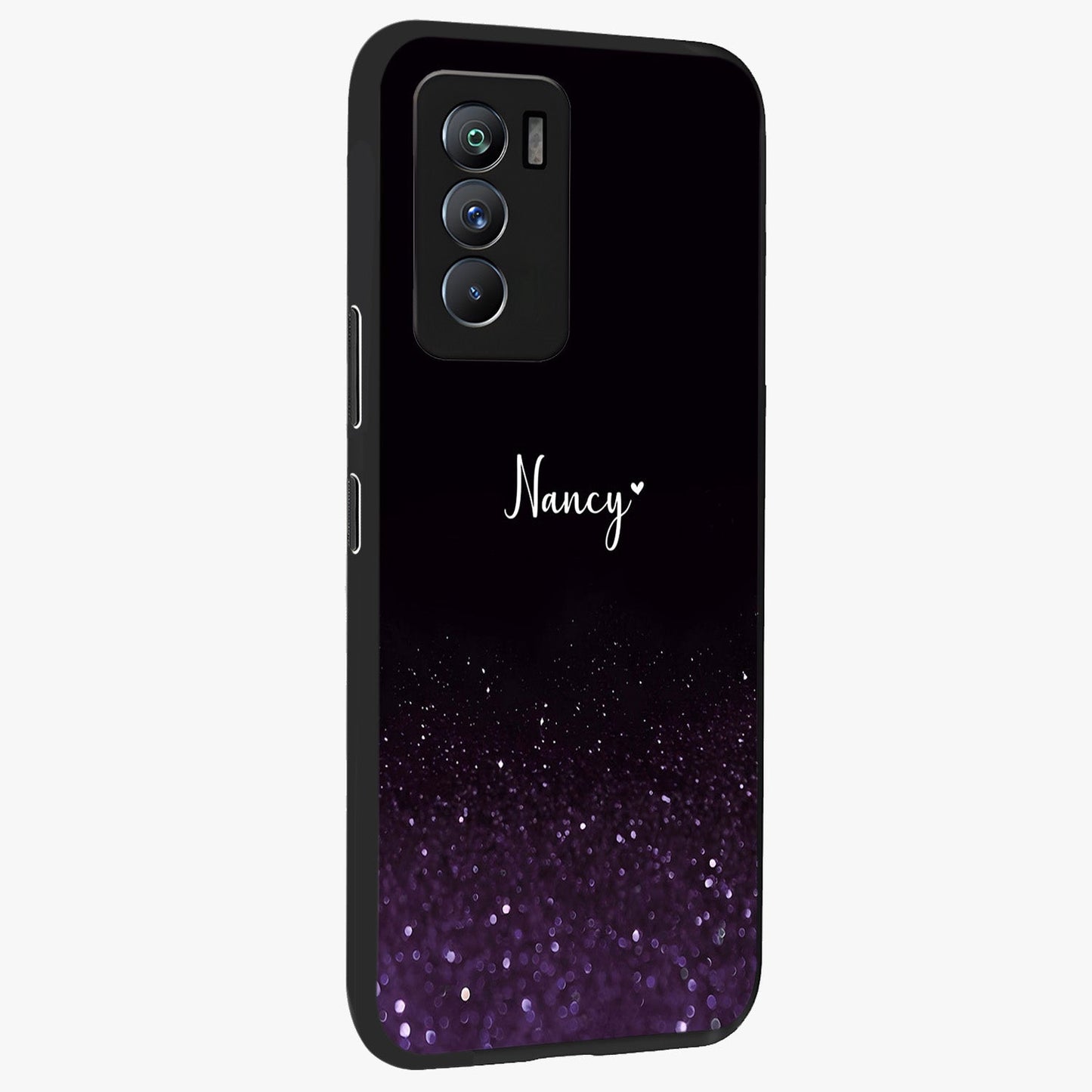 Glittery Purple Bokeh Custom Name Glass Case upright view showcasing vibrant purple sparkle artwork with personalized aesthetic style.