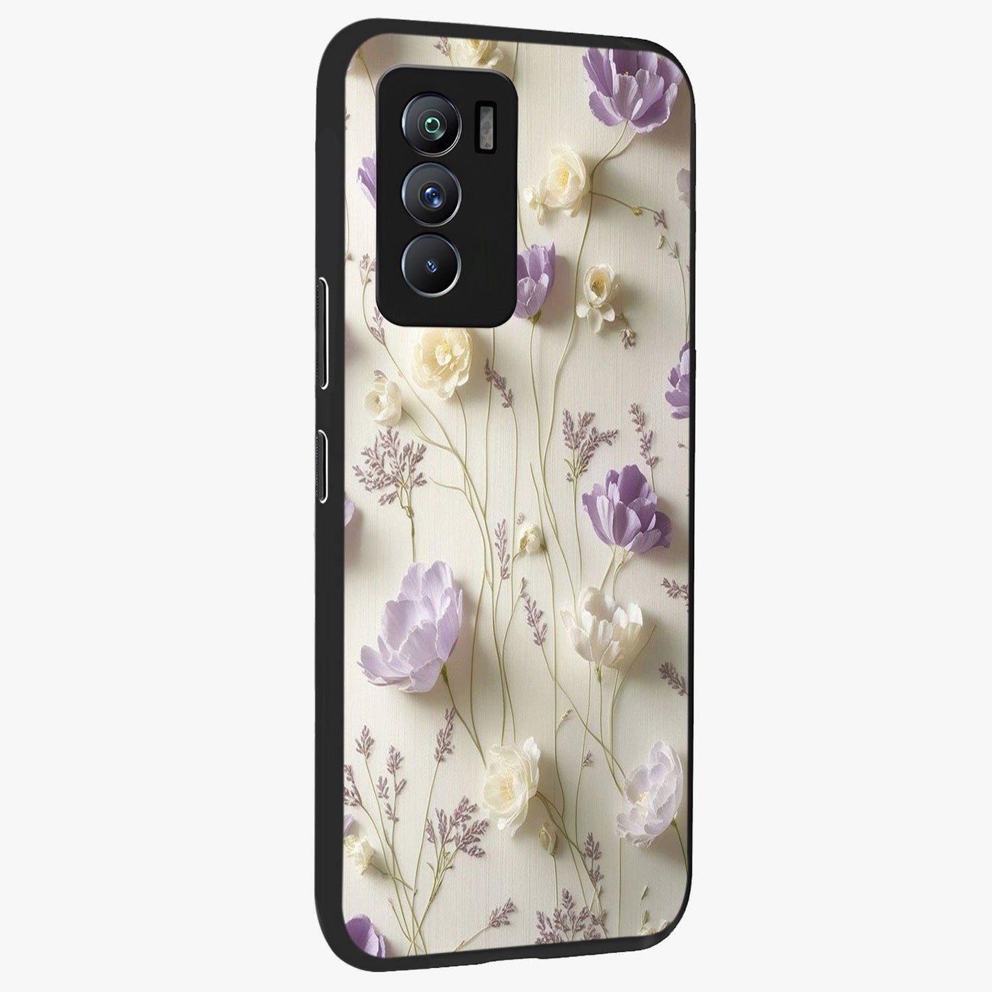 Lilac Breeze Harmony Glass Case upright view showcasing delicate lilac artwork with peaceful floral theme.